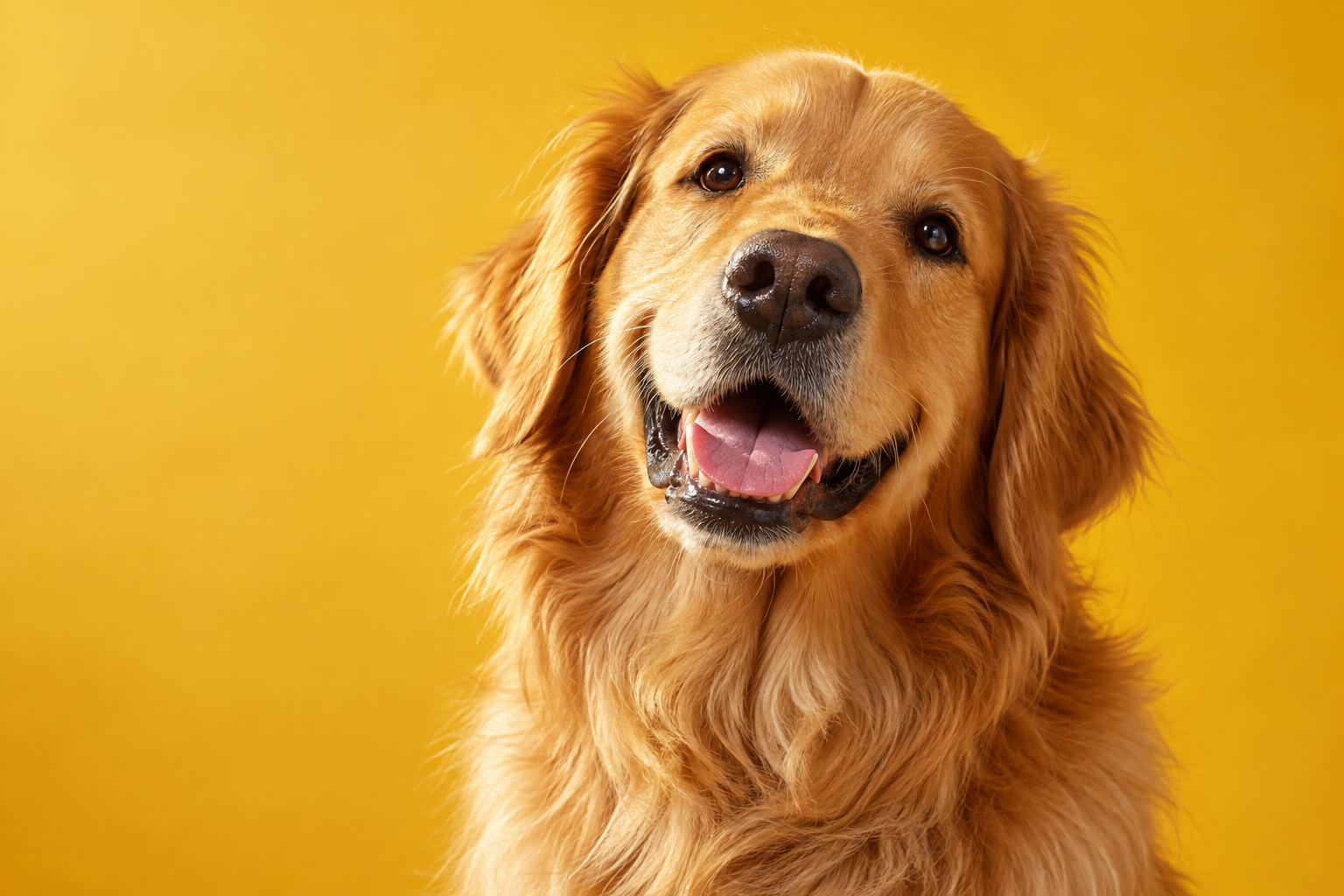 Un golden retriever alegre sobre un fondo amarillo cálido
